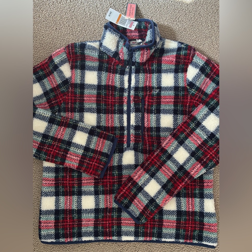 NEW! SIZE S W’s Vineyard Vines Red Navy White Plaid Fleece Quarter-Zip Sweater